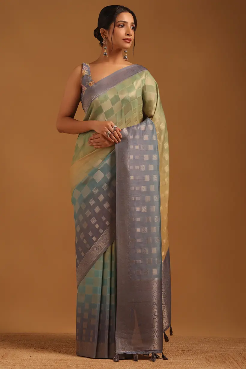 turquoise blue tussar check saree with zari woven